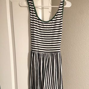 White and black stripe cotton dress. Green accent